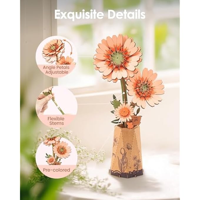 3D WOODEN FLOWER PUZZLE LIGHT ORANGE GERBERA, MODEL KITS FOR ADULTS TO ASSEMBLE, ARTIFICIAL ETERNAL FLOWERS, DIY CRAFT SET, VALENTINE'S DAY, MOTHER'S DAY AND CHRISTMAS - Image 3